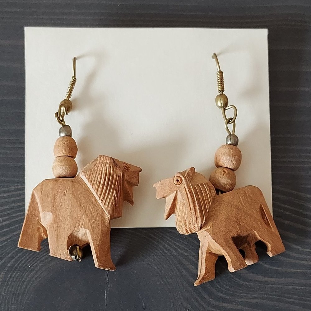 Handcrafted Wood Carved Lion Shape Drop Dangle Earrings Tan